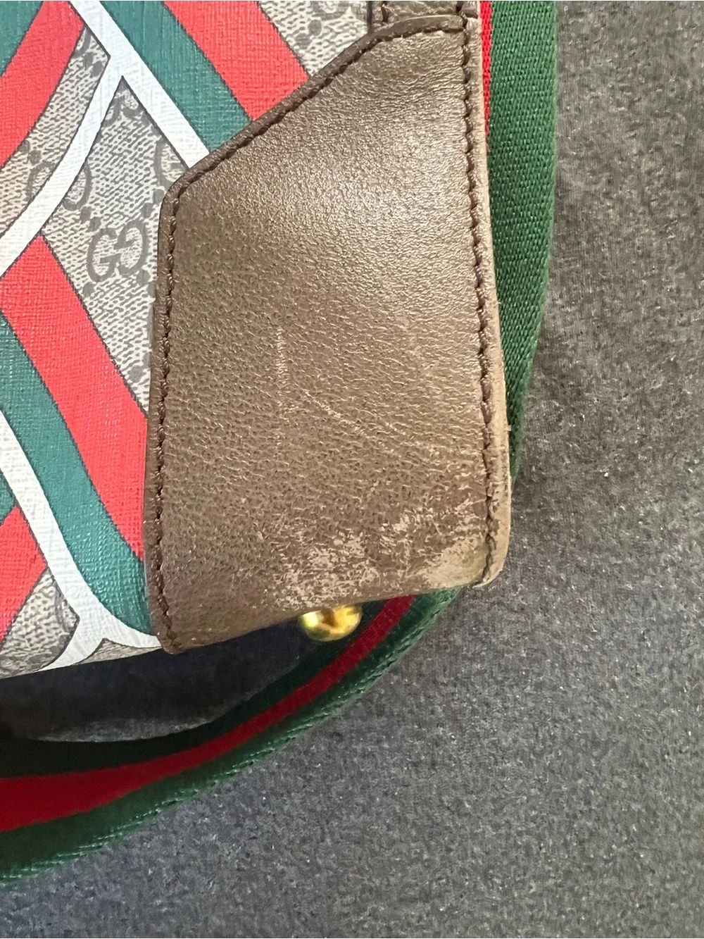 Gucci Brown GG Canvas Laptop Bag with Red and Green Striped Strap
